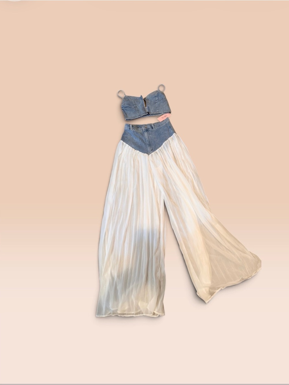 Denim-Trim Wide Leg Jumpsuit in White and Blue